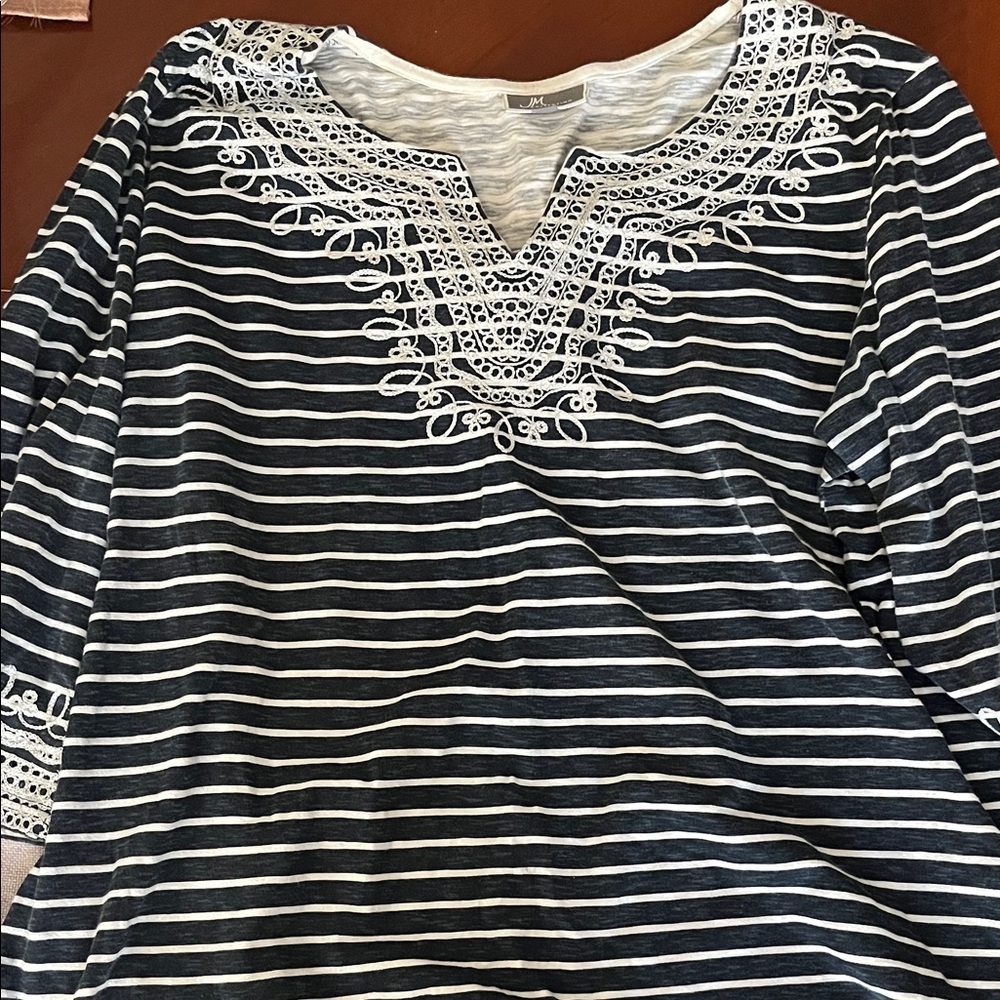 JM Collection Navy and White Striped Embroidered Blouse
